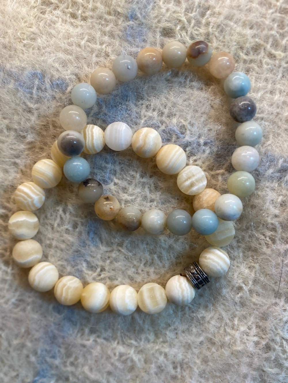 Set of 2 Natural Stone Beaded Bracelets | Banded Calcite & Mixed Gemstone